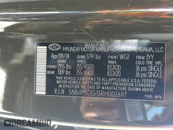 2024 Hyundai Santa Fe Calligraphy с VIN 5NMP5DG13RH002697, выставлен на аукционе Copart как лот 77316354 с пробегом 3 991 миль миль и Списание • Salvage title. История ставок и продаж доступна на DreamBid. Изображение 13.
