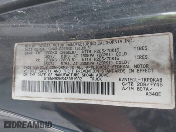 2004 Toyota Tacoma PreRunner z VIN 5TENM92N64Z381902, wystawiony jako IAAI lot #43376084 z przebiegiem 205 372 mil mil oraz . Historia ofert i sprzedaży dostępna na DreamBid. Obrazek 9.