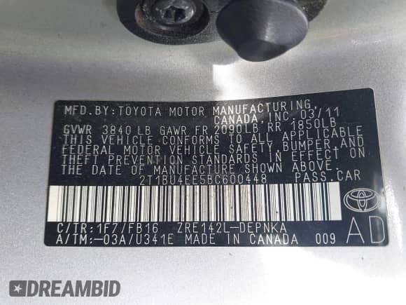 2011 Toyota Corolla S with VIN 2T1BU4EE5BC600448, listed as a IAAI auction lot 43297900 with 235,444 mi miles and . Bid and sale history available at DreamBid. Image 9.