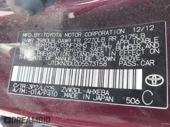 2013 Toyota Prius Two with VIN JTDKN3DU2D5573158, listed as a IAAI auction lot 43153671 with 117,215 mi miles and . Bid and sale history available at DreamBid. Image 9.