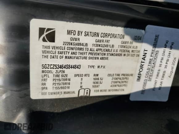 2004 Saturn VUE V6 с VIN 5GZCZ53464S844843, выставлен на аукционе Copart как лот 65176225 с пробегом 130 767 миль миль и Списание • Salvage title. История ставок и продаж доступна на DreamBid. Изображение 13.