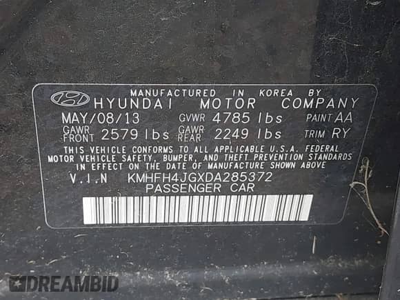 2013 Hyundai Azera with VIN KMHFH4JGXDA285372, listed as a IAAI auction lot 42697971 with 220,041 mi miles and . Bid and sale history available at DreamBid. Image 9.