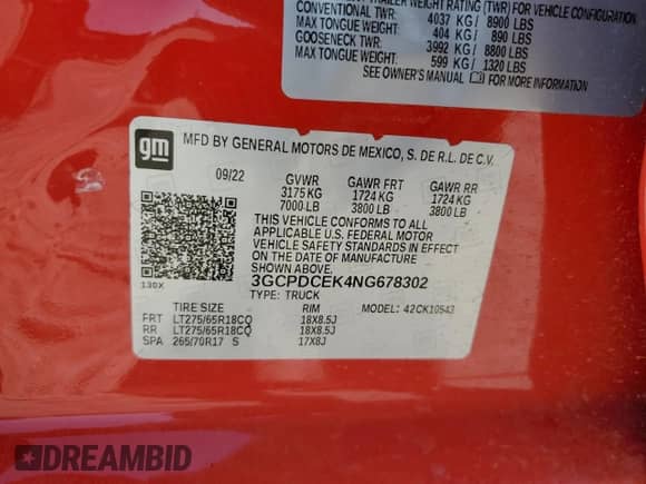 2022 Chevrolet Silverado 1500 Custom Trail Boss с VIN 3GCPDCEK4NG678302, выставлен на аукционе Copart как лот 52674805 с пробегом Не указан миль и Списание • Salvage title. История ставок и продаж доступна на DreamBid. Изображение 15.
