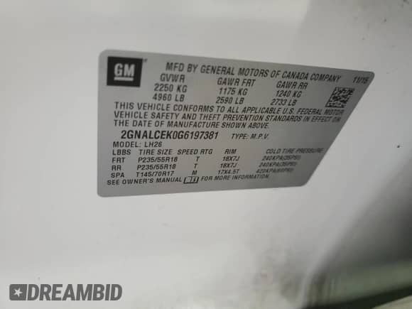 2016 Chevrolet Equinox LT z VIN 2GNALCEK0G6197381, wystawiony jako Copart lot #85906025 z przebiegiem 62 283 mil mil oraz Szkoda całkowita • Salvage title. Historia ofert i sprzedaży dostępna na DreamBid. Obrazek 13.