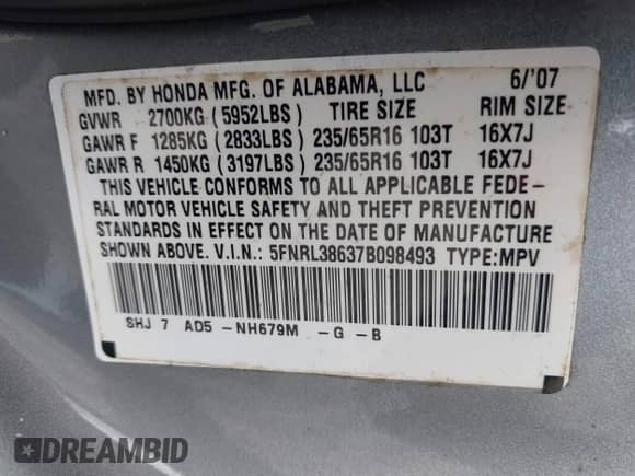 2007 Honda Odyssey EX-L с VIN 5FNRL38637B098493, выставлен на аукционе IAAI как лот 42970097 с пробегом 113 395 миль миль и . История ставок и продаж доступна на DreamBid. Изображение 9.