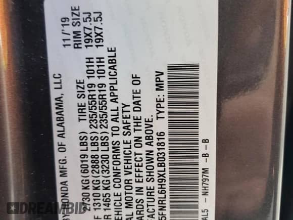 2020 Honda Odyssey Elite with VIN 5FNRL6H9XLB031816, listed as a Copart auction lot 85384185 with 69,706 mi miles and Salvage title. Bid and sale history available at DreamBid. Image 13.