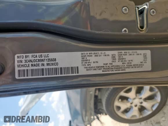 2022 Jeep Compass Limited с VIN 3C4NJDCB9NT135608, выставлен на аукционе Copart как лот 70004105 с пробегом 44 527 миль миль и Списание • Salvage title. История ставок и продаж доступна на DreamBid. Изображение 14.