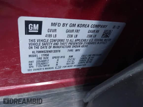 2022 Chevrolet TrailBlazer LS z VIN KL79MMS28NB132076, wystawiony jako IAAI lot #43390701 z przebiegiem 42 139 mil mil oraz . Historia ofert i sprzedaży dostępna na DreamBid. Obrazek 9.