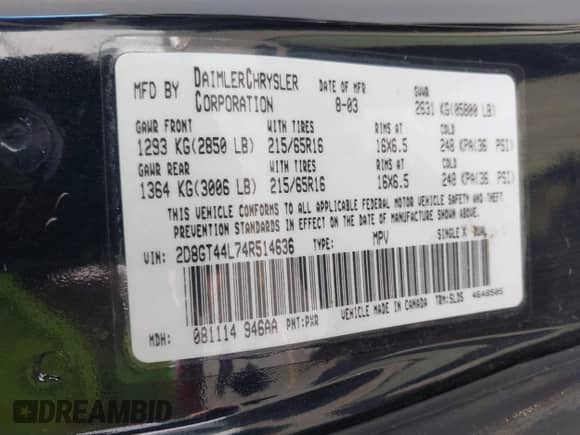 2004 Dodge Grand Caravan with VIN 2D8GT44L74R514636, listed as a IAAI auction lot 42094377 with 195,163 mi miles and . Bid and sale history available at DreamBid. Image 9.