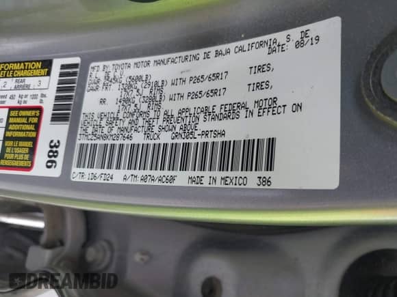 2019 Toyota Tacoma SR z VIN 3TMCZ5AN8KM287646, wystawiony jako IAAI lot #42969397 z przebiegiem 100 562 mil mil oraz . Historia ofert i sprzedaży dostępna na DreamBid. Obrazek 9.