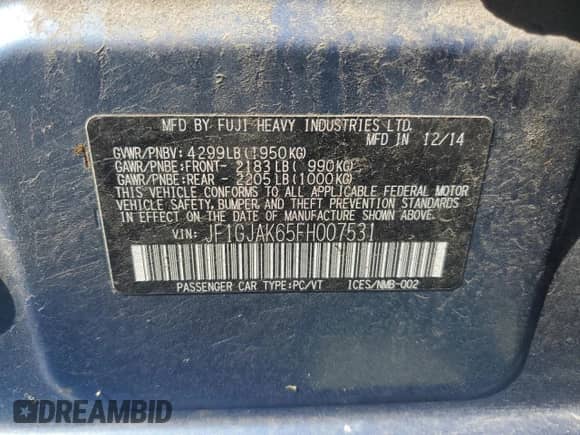 2015 Subaru Impreza Premium с VIN JF1GJAK65FH007531, выставлен на аукционе Copart как лот 65552375 с пробегом 162 772 миль миль и Списание • Salvage title. История ставок и продаж доступна на DreamBid. Изображение 12.