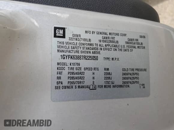 2007 Cadillac Escalade with VIN 1GYFK63887R225050, listed as a Copart auction lot 81780695 with 142,965 mi miles and Clean title. Bid and sale history available at DreamBid. Image 12.