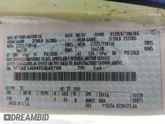 2007 Ford Econoline Cargo Commercial with VIN 1FTNE14W47DB49798, listed as a IAAI auction lot 42301270 with 361,650 mi miles and . Bid and sale history available at DreamBid. Image 9.