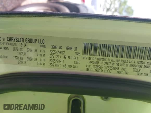 2015 Ram 1500 Express with VIN 1C6RR6FT4FS554650, listed as a IAAI auction lot 42366158 with 216,857 mi miles and . Bid and sale history available at DreamBid. Image 9.