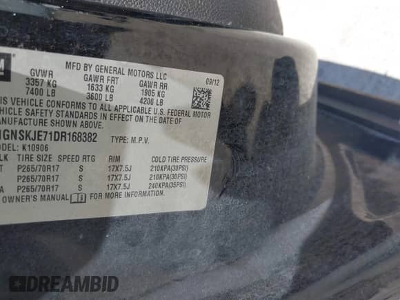 2013 Chevrolet Suburban LT with VIN 1GNSKJE71DR168382, listed as a IAAI auction lot 42821206 with 209,210 mi miles and . Bid and sale history available at DreamBid. Image 9.