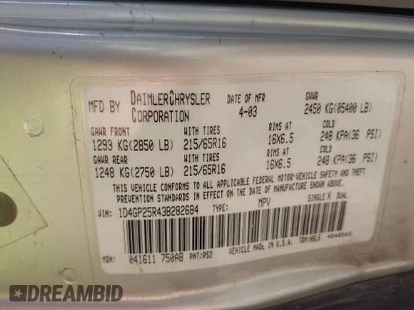 2003 Dodge Caravan SE с VIN 1D4GP25R43B282684, выставлен на аукционе IAAI как лот 42547037 с пробегом 191 960 миль миль и . История ставок и продаж доступна на DreamBid. Изображение 9.