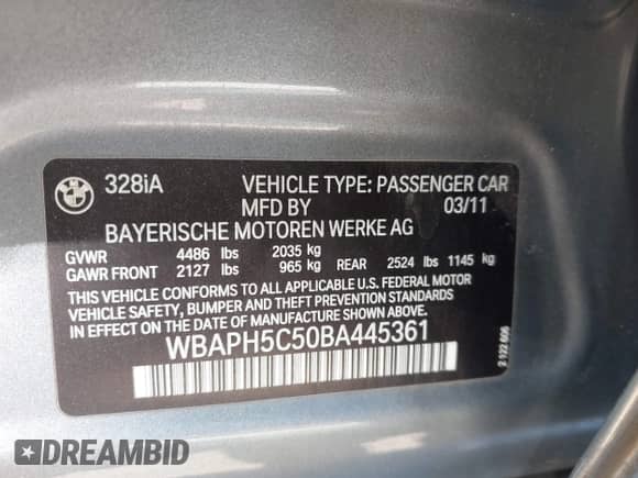 2011 BMW 3 Series 328i с VIN WBAPH5C50BA445361, выставлен на аукционе IAAI как лот 43347261 с пробегом 157 837 миль миль и . История ставок и продаж доступна на DreamBid. Изображение 9.