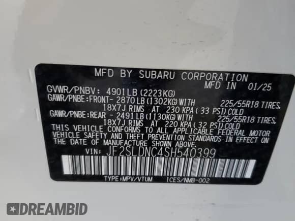 2025 Subaru Forester Limited z VIN JF2SLDNC4SH540399, wystawiony jako Copart lot #67517175 z przebiegiem 1 563 mil mil oraz Szkoda całkowita • Salvage title. Historia ofert i sprzedaży dostępna na DreamBid. Obrazek 14.