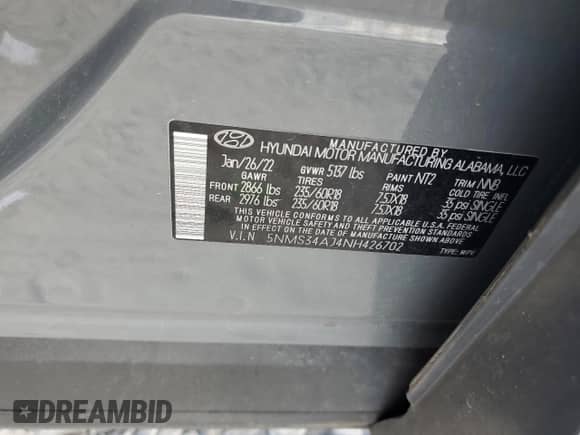 2022 Hyundai Santa Fe SEL с VIN 5NMS34AJ4NH426702, выставлен на аукционе Copart как лот 84388985 с пробегом 109 451 миль миль и Списание • Salvage title. История ставок и продаж доступна на DreamBid. Изображение 12.