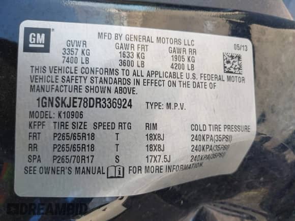 2013 Chevrolet Suburban LT с VIN 1GNSKJE78DR336924, выставлен на аукционе IAAI как лот 42063290 с пробегом 134 266 миль миль и . История ставок и продаж доступна на DreamBid. Изображение 9.