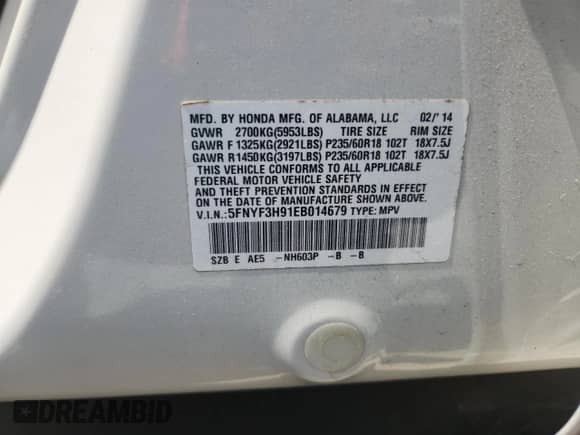2014 Honda Pilot Touring with VIN 5FNYF3H91EB014679, listed as a Copart auction lot 81470775 with 242,453 mi miles and Salvage title. Bid and sale history available at DreamBid. Image 14.