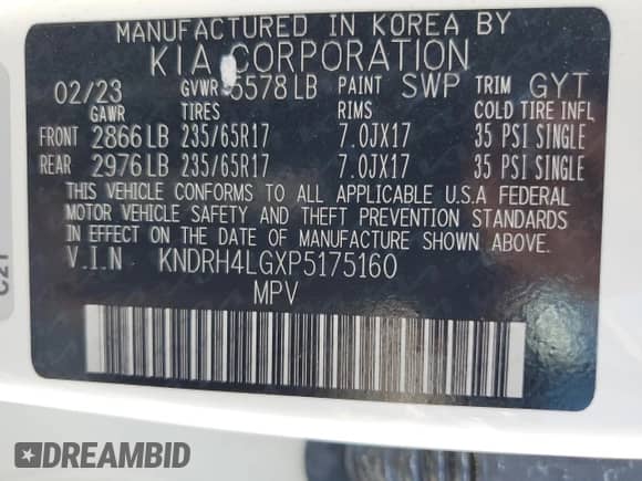 2023 Kia Sorento EX with VIN KNDRH4LGXP5175160, listed as a Copart auction lot 69944295 with 47,065 mi miles and Salvage title. Bid and sale history available at DreamBid. Image 14.