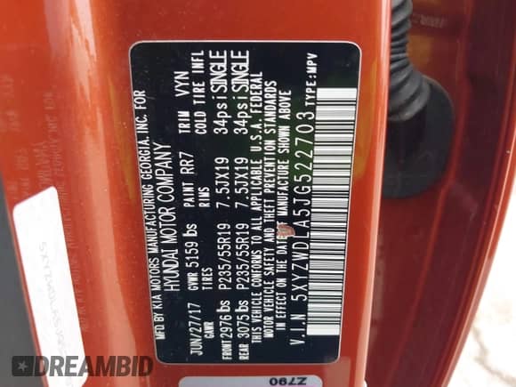 2018 Hyundai Santa Fe Ultimate with VIN 5XYZWDLA5JG522703, listed as a IAAI auction lot 42377253 with 143,116 mi miles and . Bid and sale history available at DreamBid. Image 9.