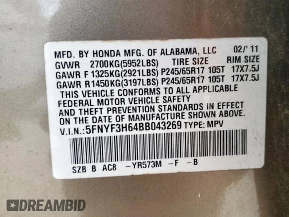 2011 Honda Pilot EX-L z VIN 5FNYF3H64BB043269, wystawiony jako Copart lot #70411965 z przebiegiem 110 257 mil mil oraz Czysty tytuł • Clean title. Historia ofert i sprzedaży dostępna na DreamBid. Obrazek 13.
