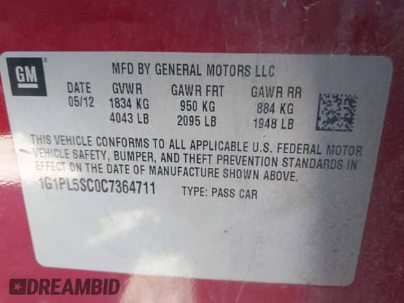 2012 Chevrolet Cruze 1LT z VIN 1G1PL5SC0C7364711, wystawiony jako IAAI lot #43464372 z przebiegiem 183 334 mil mil oraz . Historia ofert i sprzedaży dostępna na DreamBid. Obrazek 9.