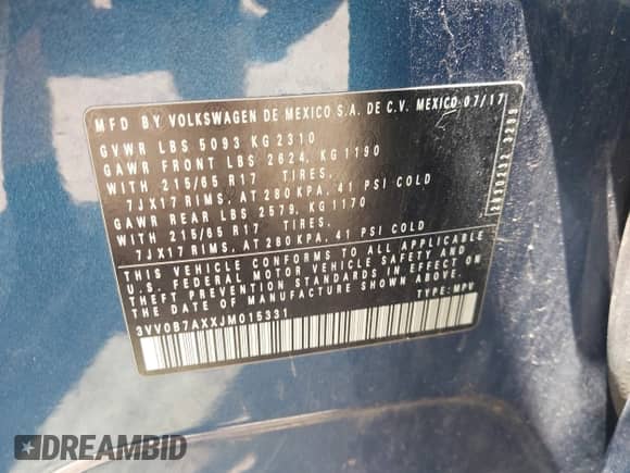 2018 Volkswagen Tiguan S с VIN 3VV0B7AXXJM015331, выставлен на аукционе IAAI как лот 42012557 с пробегом 80 288 миль миль и . История ставок и продаж доступна на DreamBid. Изображение 9.