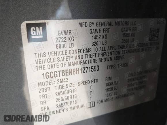 2017 Chevrolet Colorado 4WD WT with VIN 1GCGTBEN8H1271593, listed as a IAAI auction lot 42896935 with 50,727 mi miles and . Bid and sale history available at DreamBid. Image 9.