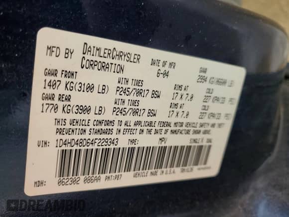 2004 Dodge Durango SLT z VIN 1D4HD48D64F229343, wystawiony jako Copart lot #63346445 z przebiegiem 118 375 mil mil oraz Nie do naprawy • Non repairable. Historia ofert i sprzedaży dostępna na DreamBid. Obrazek 14.