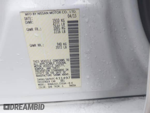 2015 Nissan Altima S z VIN 1N4AL3APXFC431497, wystawiony jako IAAI lot #42899088 z przebiegiem 122 880 mil mil oraz . Historia ofert i sprzedaży dostępna na DreamBid. Obrazek 9.