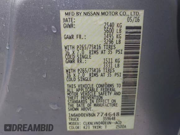 2016 Nissan Frontier S z VIN 1N6AD0EV8GN774648, wystawiony jako IAAI lot #42135409 z przebiegiem 94 095 mil mil oraz . Historia ofert i sprzedaży dostępna na DreamBid. Obrazek 9.