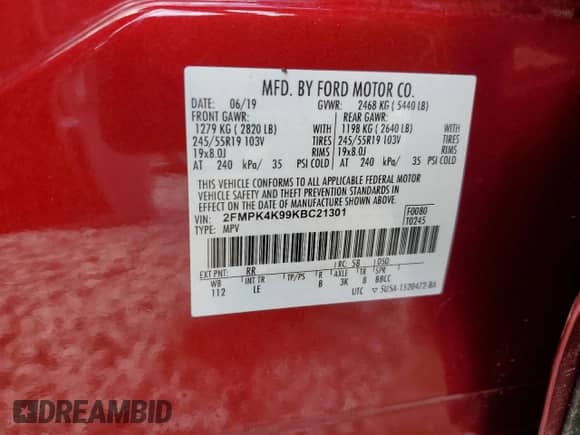 2019 Ford Edge Titanium with VIN 2FMPK4K99KBC21301, listed as a Copart auction lot 69071645 with 80,952 mi miles and Non repairable. Bid and sale history available at DreamBid. Image 13.