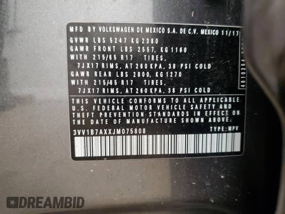 2018 Volkswagen Tiguan S с VIN 3VV1B7AXXJM075808, выставлен на аукционе Copart как лот 68835595 с пробегом 84 281 миль миль и Чистый • Clean title. История ставок и продаж доступна на DreamBid. Изображение 13.