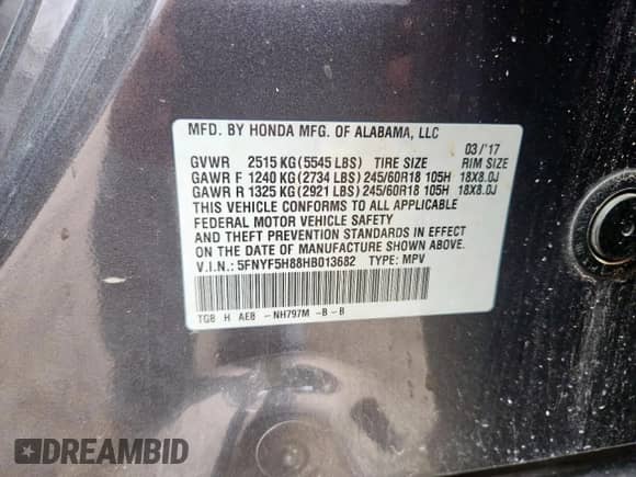 2017 Honda Pilot EX-L with VIN 5FNYF5H88HB013682, listed as a Copart auction lot 59129175 with 169,461 mi miles and Salvage title. Bid and sale history available at DreamBid. Image 13.