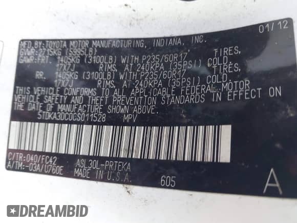 2012 Toyota Sienna z VIN 5TDKA3DC0CS011528, wystawiony jako IAAI lot #42767333 z przebiegiem 216 670 mil mil oraz . Historia ofert i sprzedaży dostępna na DreamBid. Obrazek 9.