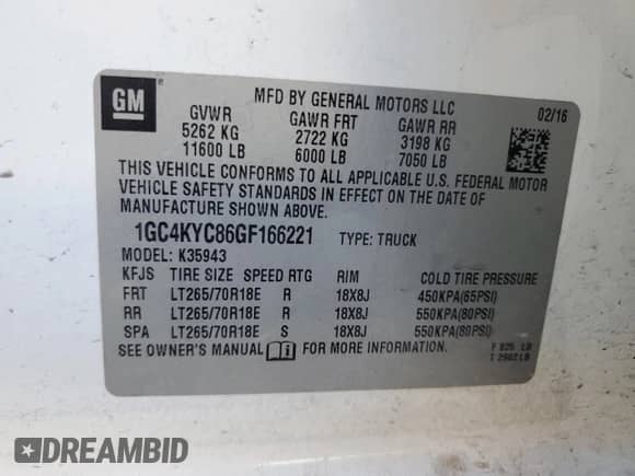 2016 Chevrolet Silverado 3500HD Work Truck with VIN 1GC4KYC86GF166221, listed as a Copart auction lot 42587135 with 182,473 mi miles and Salvage title. Bid and sale history available at DreamBid. Image 12.