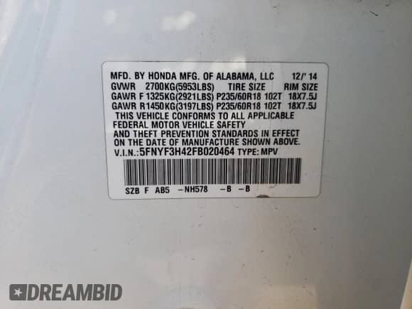 2015 Honda Pilot EX z VIN 5FNYF3H42FB020464, wystawiony jako Copart lot #70867175 z przebiegiem 121 021 mil mil oraz Szkoda całkowita • Salvage title. Historia ofert i sprzedaży dostępna na DreamBid. Obrazek 13.