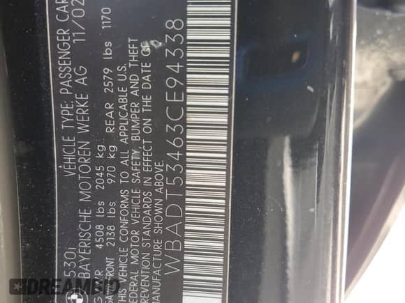 2003 BMW 5 Series 530i with VIN WBADT53463CE94338, listed as a Copart auction lot 66219965 with 202,481 mi miles and Salvage title. Bid and sale history available at DreamBid. Image 12.