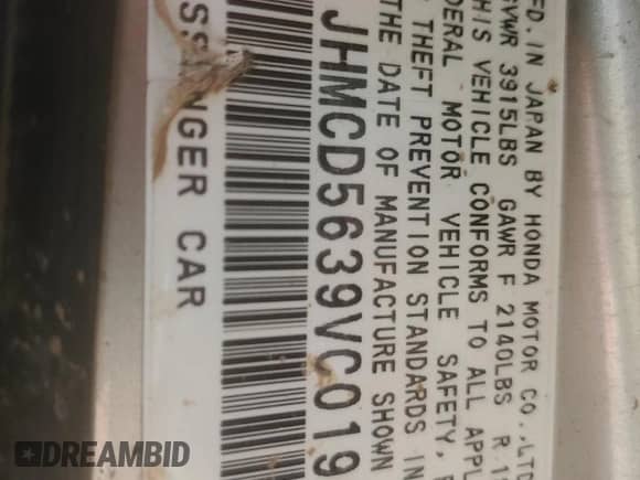 1997 Honda Accord LX с VIN JHMCD5639VC019960, выставлен на аукционе Copart как лот 63861765 с пробегом 212 188 миль миль и Списание • Salvage title. История ставок и продаж доступна на DreamBid. Изображение 12.