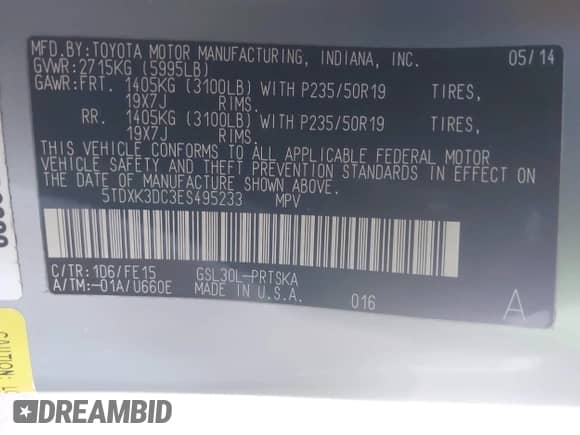 2014 Toyota Sienna SE with VIN 5TDXK3DC3ES495233, listed as a IAAI auction lot 43173582 with Not provided miles and . Bid and sale history available at DreamBid. Image 9.