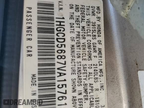 1997 Honda Accord Value с VIN 1HGCD5687VA157619, выставлен на аукционе Copart как лот 61528375 с пробегом 248 181 миль миль и Списание • Salvage title. История ставок и продаж доступна на DreamBid. Изображение 13.