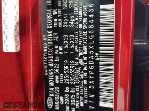 2020 Kia Sorento LX с VIN 5XYPGDA5XLG684436, выставлен на аукционе Copart как лот 59083255 с пробегом 77 203 миль миль и Списание • Salvage title. История ставок и продаж доступна на DreamBid. Изображение 13.