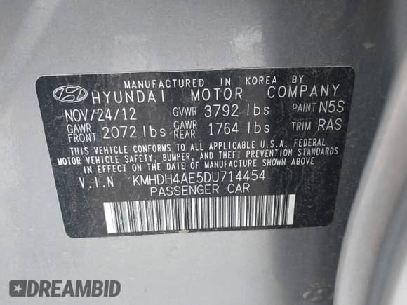 2013 Hyundai Elantra GLS z VIN KMHDH4AE5DU714454, wystawiony jako IAAI lot #42277856 z przebiegiem 190 461 mil mil oraz . Historia ofert i sprzedaży dostępna na DreamBid. Obrazek 9.