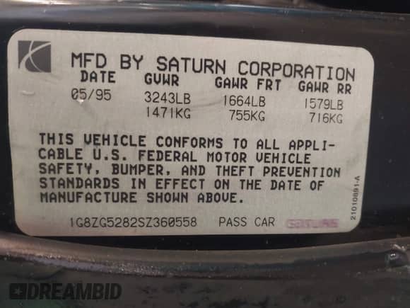1995 Saturn SL with VIN 1G8ZG5282SZ360558, listed as a IAAI auction lot 43023071 with 234,887 mi miles and . Bid and sale history available at DreamBid. Image 9.