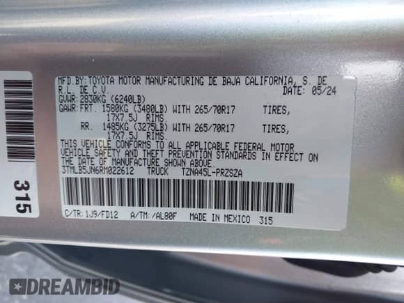 2024 Toyota Tacoma SR5 with VIN 3TMLB5JN6RM022612, listed as a IAAI auction lot 41611378 with 7,275 mi miles and . Bid and sale history available at DreamBid. Image 9.