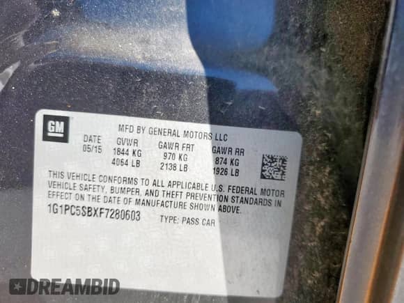 2015 Chevrolet Cruze LT с VIN 1G1PC5SBXF7280603, выставлен на аукционе Copart как лот 81654365 с пробегом 106 804 миль миль и Списание • Salvage title. История ставок и продаж доступна на DreamBid. Изображение 12.