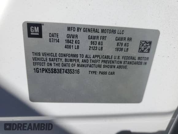 2014 Chevrolet Cruze LT с VIN 1G1PK5SB3E7435316, выставлен на аукционе Copart как лот 80073155 с пробегом 153 557 миль миль и Чистый • Clean title. История ставок и продаж доступна на DreamBid. Изображение 12.